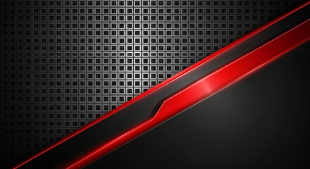 Abstract metallic background with red diagonal lines and geometric patterns.