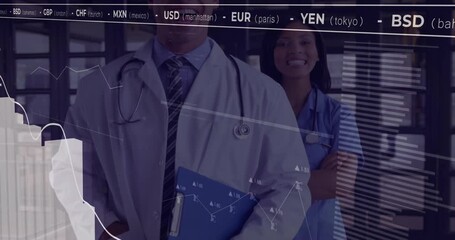 On clinical corridor start doctor-nurse animating line graph and 3D bar chart showing currency data - Powered by Adobe