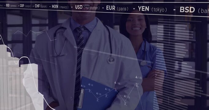 On clinical corridor start doctor-nurse animating line graph and 3D bar chart showing currency data