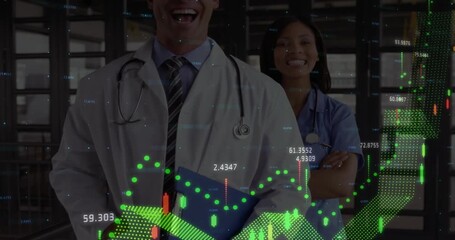 Doctor holding clipboard and nurse monitoring charts appearing and rising filling hospital corridor - Powered by Adobe