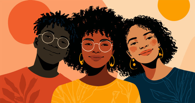 Un portrait vectoriel color&eacute; et moderne met en sc&egrave;ne trois amis aux origines diverses, partageant un moment de bonheur et de complicit&eacute;.