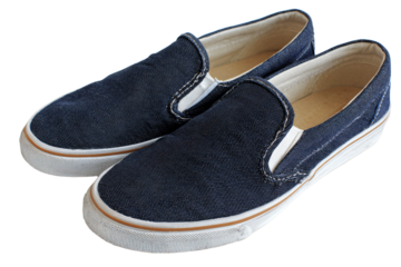 a pair of blue shoes with white soles