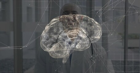 Medical professional initiating hologram and analyzing rotating brain model to reveal structures - Powered by Adobe