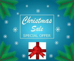 Colorful banner for Christmas sales with gift box, fir branches snowflakes and the inscription - "Christmas sale. Special offer"