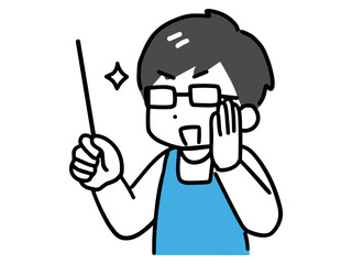 説明している眼鏡をかけた賢そうなエプロンの若い男性