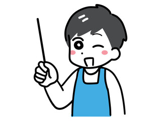 笑顔＆エプロンの若い男性が棒を持って説明しているイラスト	