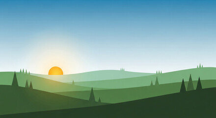 Fototapeta premium A serene landscape unfolds with rolling green hills bathed in the warm glow of the rising sun, casting long shadows and creating a peaceful, idyllic scene