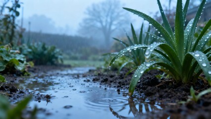 Obraz premium Raindrops on green plants in a wet garden path during a misty morning