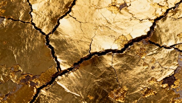 Cracked golden surface with intricate fracture patterns and reflective texture