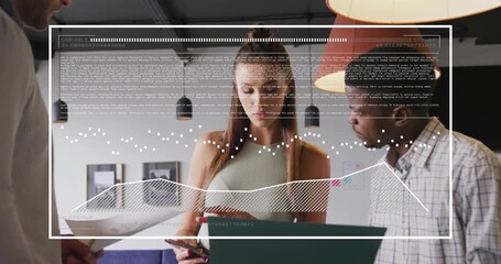 Mid adult man offering printout colleagues studying data, overlays animating business graphs - Powered by Adobe