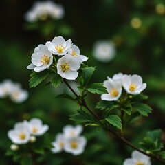 Close-up of delicate white blossoms with yellow centers on a branch, surrounded by lush green leaves and a soft, blurred background.