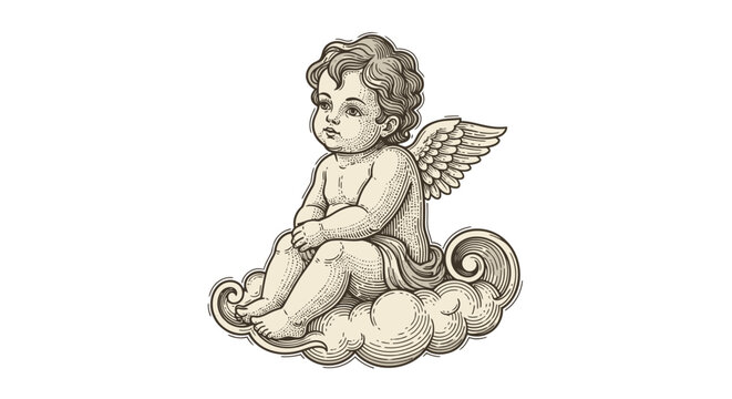 Charming Vintage Engraving of a Cherubic Angel Sitting on a Cloud Isolated