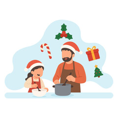 Father and Daughter Cooking Together for Christmas Celebration – Flat Design Illustration