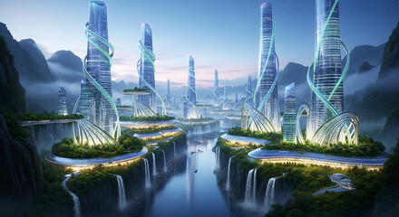 A breathtaking view of a futuristic city nestled amidst lush mountains, with towering skyscrapers adorned with vibrant green energy lines and cascading waterfalls