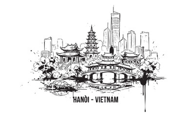 Fototapeta premium Hanoi Vietnam Turtle Tower Skyline Engraving Vector Illustration