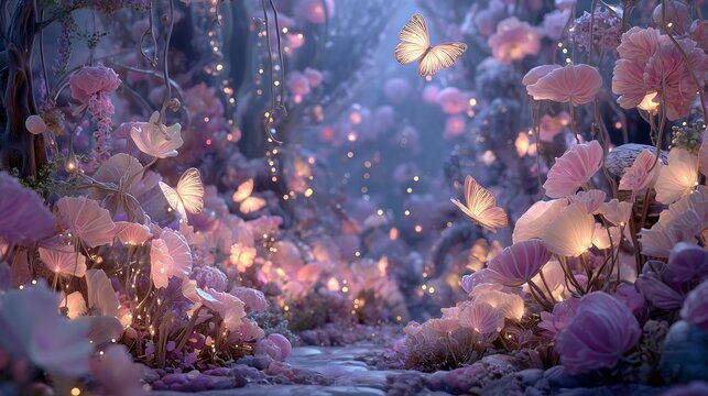 Glowing flowers butterflies magical forest scene