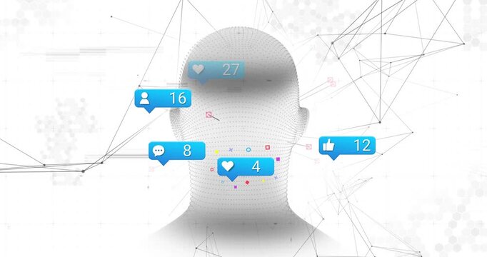 On load, 3D mesh head model rotating, blue badges floating, counts rising showing engagement growth