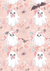 Cute Halloween Ghosts and Spiders Seamless Pattern.