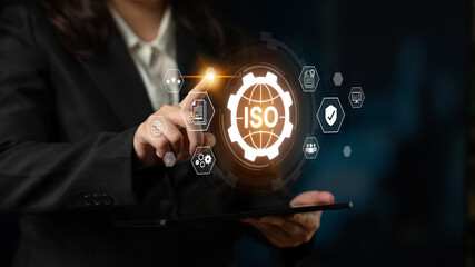 Concept of ISO certification for business quality management. This international standard ensures compliance, process control, and assurance for products and services. Fermion