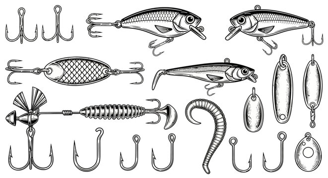 Monochrome Fishing Lures and Hooks Vector Graphic | Vintage Engraved Tackle Set