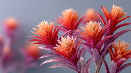 Macro Photo Of Vibrant Tropical Bromeliads With Orange And Red Flowers And Purple Leaves In Soft Gray Background