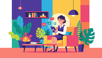 Smiling professional uses a tablet in a vibrant office setting for consulting or remote work