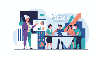 Manager presenting 2026 growth strategy to team business success concept