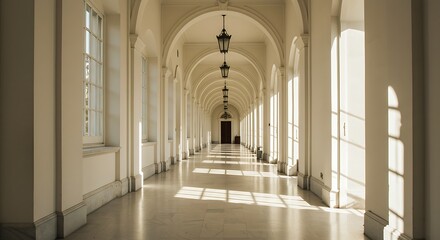 Obraz premium Long arched hallway with sunlight streaming through windows creating shadows.