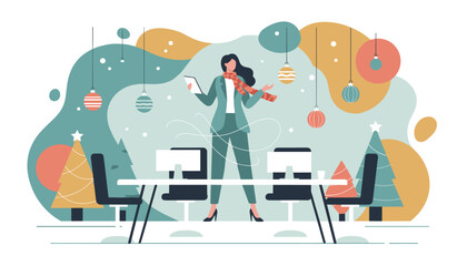 Holiday office work Professional woman using tablet amidst festive Christmas decorations