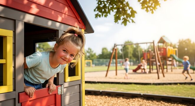 Happy girl peeking from playhouse at sunny playground.