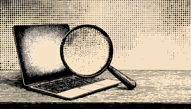 L'image vectorielle d'un ordinateur portable avec une loupe symbolise la recherche d'informations, l'analyse de donn&eacute;es et la surveillance num&eacute;rique.