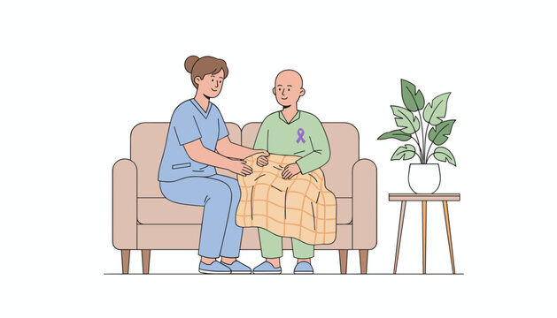 Nurse comforts cancer patient on a sofa symbolizing health support palliative care and hope