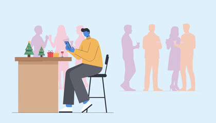 Fototapeta premium Man absorbed by smartphone at festive party isolated from socializing crowd Vector illustration