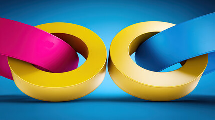 Abstract teamwork concept with interlocking geometric shapes on gradient.
