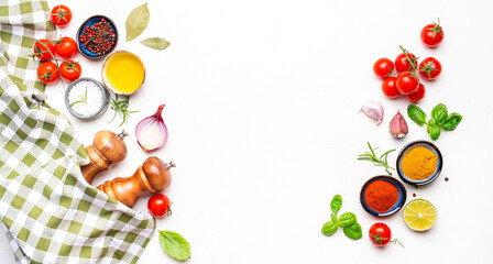 Food background, spices and herbs, ingredients for healthy eating and cooking, white copy space, top view