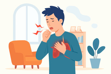 Flat vector of patient coughing and holding chest, showing pneumonia symptoms in home setting