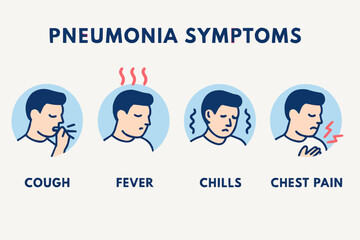 Vector infographic of pneumonia symptoms with icons for cough, fever, chills, and chest pain