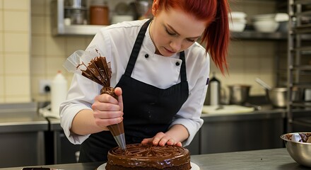 Female Pastry Chef Decorating a Delicious Chocolate Cake in a Professional Kitchen.