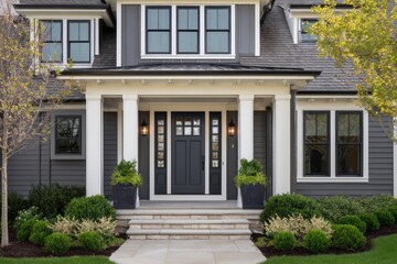 Fototapeta premium Elegant modern home entrance with charcoal siding and white pillars.