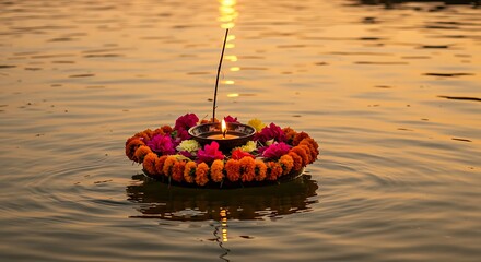 Floating Diya with Flowers on Water at Sunset.