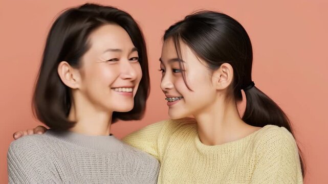 母娘が寄り添い笑うピンク背景