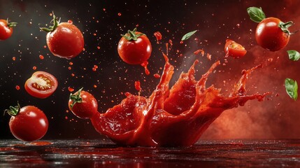 a dramatic showcase of ripe tomatoes colliding with tomato sauce creating vibrant splashes and a sense of culinary excitement and freshness
