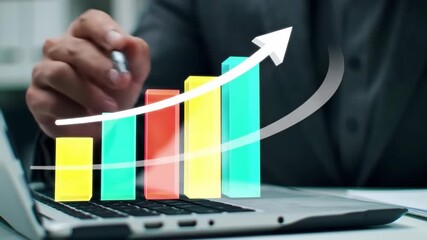 Colorful bar graph illustration with white upward arrow overlayed on a laptop screen, symbolizing business growth and financial progress being tracked. - Powered by Adobe