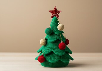 Knitted christmas tree ornament decorated with balls and red star