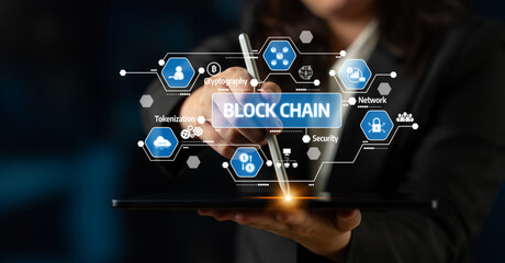 A business professional interacts with a digital tablet showcasing blockchain technology elements, emphasizing security, network features, and innovative applications. Tessel
