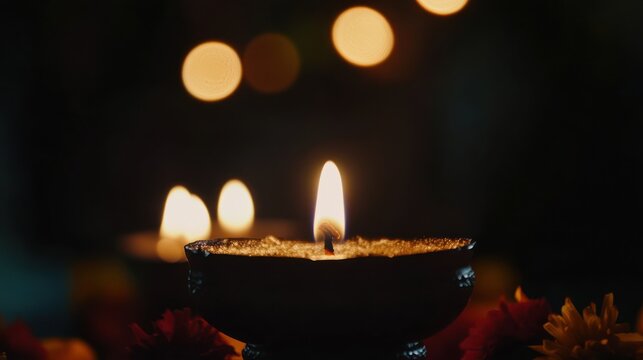 enchanting luminance: a serene diwali oil lamp radiating warmth and hope against a backdrop of shimmering bokeh lights, symbolizing auspiciousness