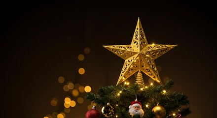 Golden Star Topper on Christmas Tree with Bokeh Lights.