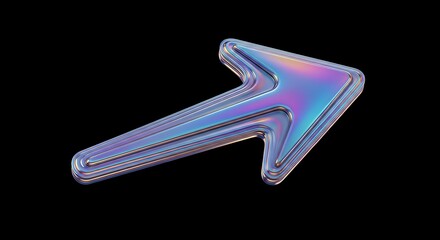 Shimmering 3D iridescent arrow pointing diagonally upwards, symbolizing digital progression and growth on a minimalist black background
