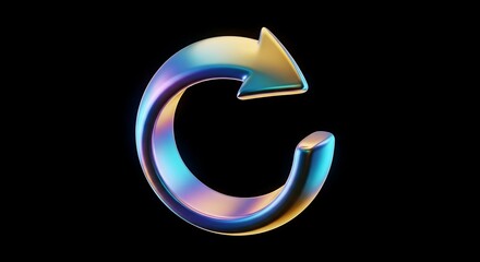 Vibrant Holographic 3D Refresh Arrow Icon with Prismatic Colors, Symbolizing Reload, Redo, or Continuous Cycle on a Dark Background