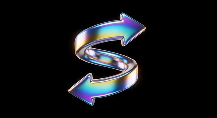 Iridescent S-shaped symbol from two intertwined arrows, depicting continuous flow, modern innovation, and holographic shimmer on dark background